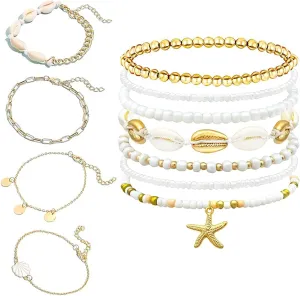 11Pcs Summer Beach Bracelets for Women Bohemian Beaded Seashell Starfish Bracelets Set Adjustable Beaded Handmade Bracelets Summer Beach Jewelry for Women Accessories Gifts