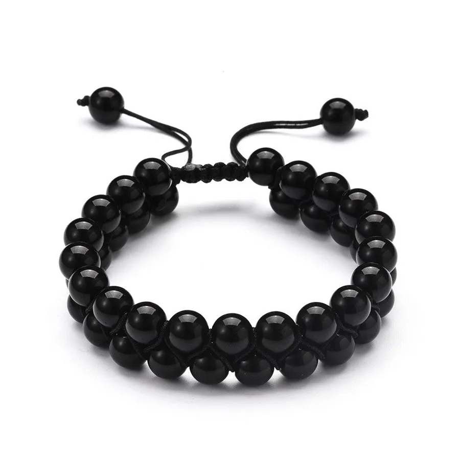 Black Men's Bracelet Adjustable Drawstring & Natural Onyx Beads