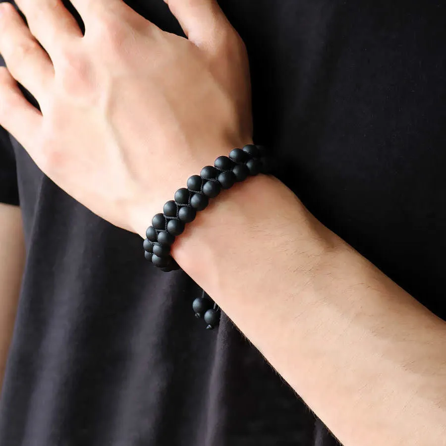 Black Men's Bracelet Adjustable Drawstring & Natural Onyx Beads