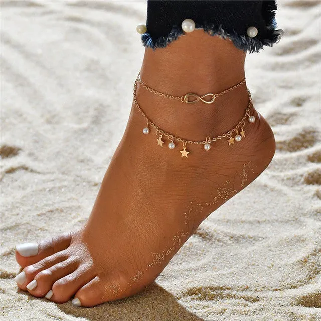 Bohemian Silver Color Shell Starfish Pendant Anklets Set