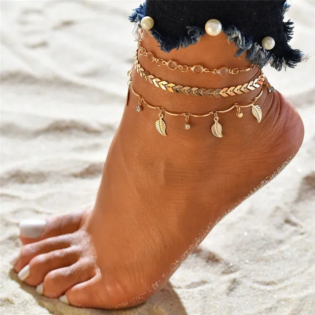 Bohemian Silver Color Shell Starfish Pendant Anklets Set