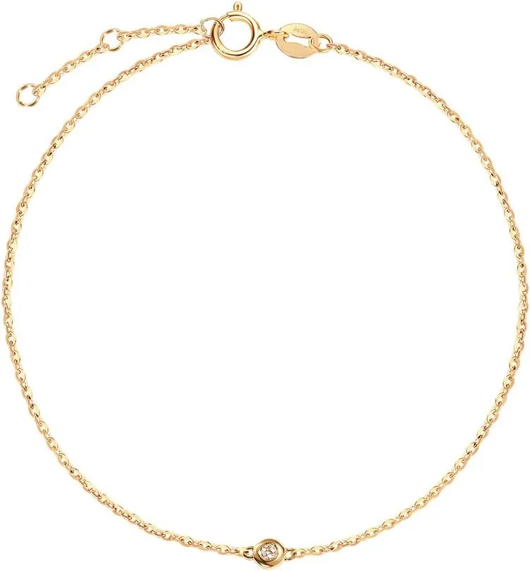 Carleen 18K Solid Gold Solitaire Genuine Bezel Set Small Tiny Round Diamond Layered Mixed Dainty Bracelet Minimalist Delicate Fine Jewelry For Women Girls