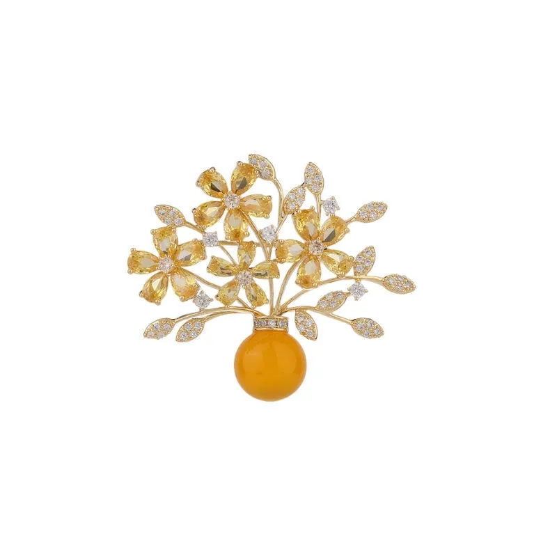Chinese Style Brooch Imitation Agate Copper Micro Inlaid Cubic Zirconia Vase Pin Accessories Gift