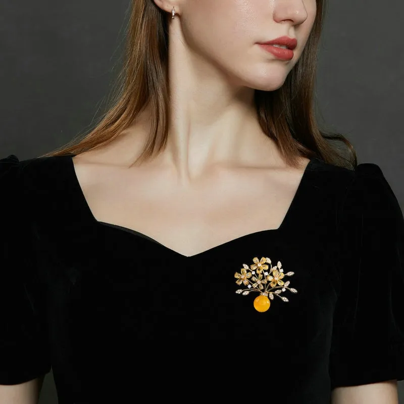 Chinese Style Brooch Imitation Agate Copper Micro Inlaid Cubic Zirconia Vase Pin Accessories Gift