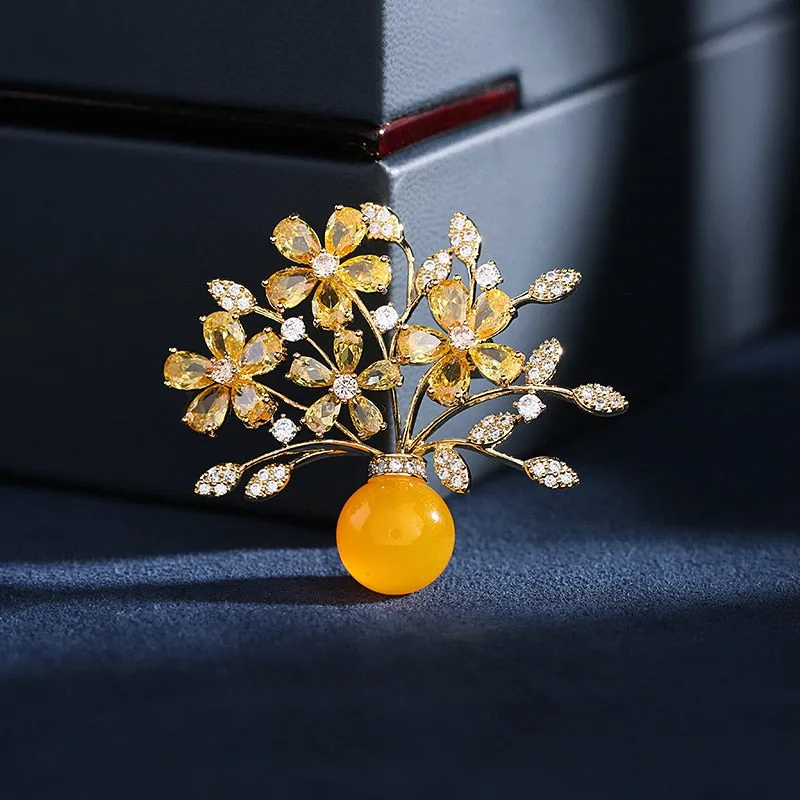 Chinese Style Brooch Imitation Agate Copper Micro Inlaid Cubic Zirconia Vase Pin Accessories Gift