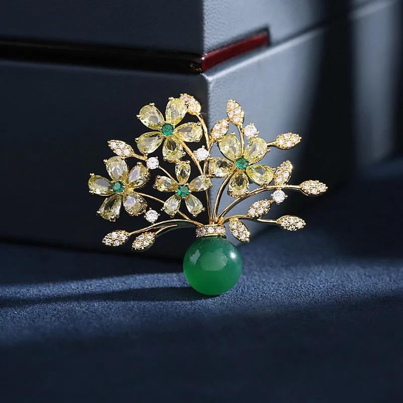 Chinese Style Brooch Imitation Agate Copper Micro Inlaid Cubic Zirconia Vase Pin Accessories Gift
