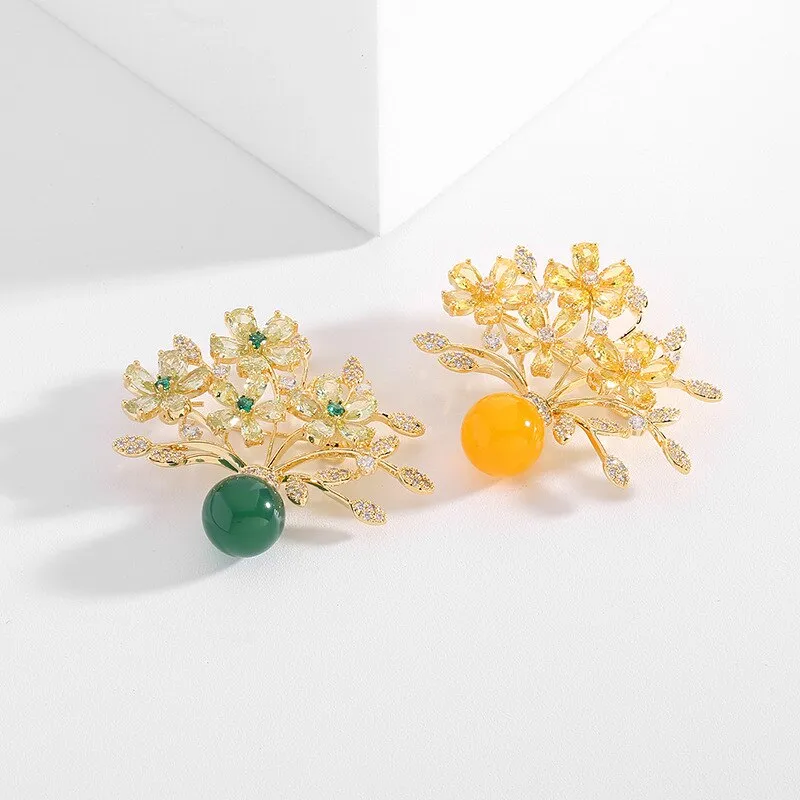 Chinese Style Brooch Imitation Agate Copper Micro Inlaid Cubic Zirconia Vase Pin Accessories Gift