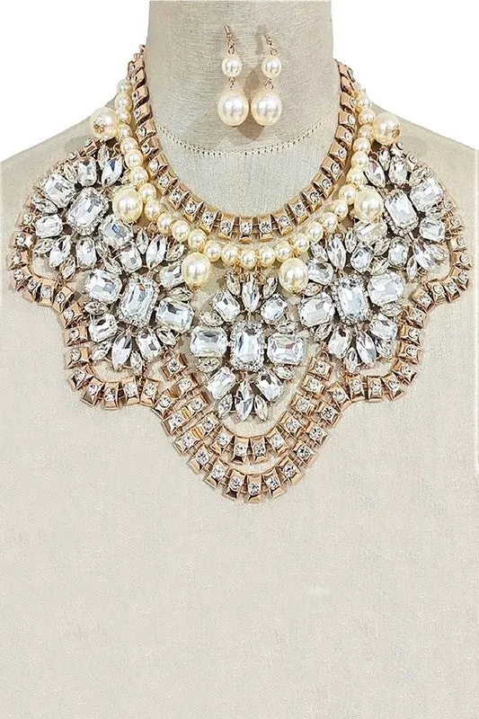 Crystal Flower Pearl Accent Statement Bib Necklace