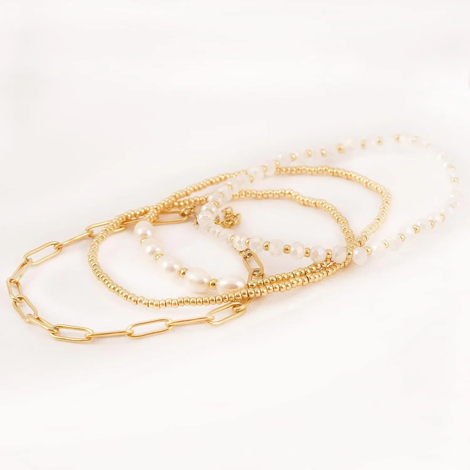 Dainty Gold Pearl Crystal Beaded Bracelets Set for Women 14K Real Gold Plated Bead Pearl Crystal Beads Bracelet Stackable Paperclip Link Chain Bracelets Gold Bracelets for Women Trendy Jewelry