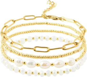 Dainty Gold Pearl Crystal Beaded Bracelets Set for Women 14K Real Gold Plated Bead Pearl Crystal Beads Bracelet Stackable Paperclip Link Chain Bracelets Gold Bracelets for Women Trendy Jewelry