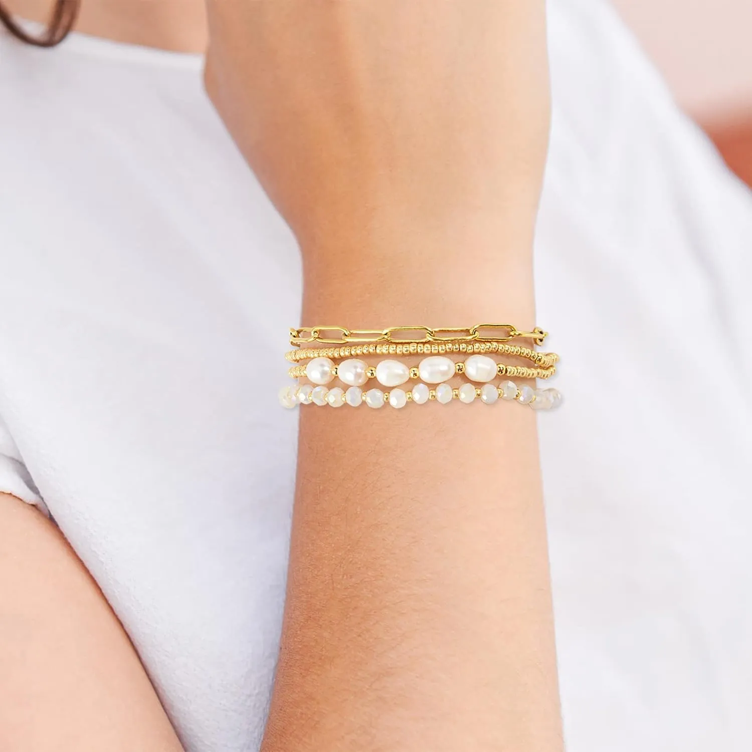 Dainty Gold Pearl Crystal Beaded Bracelets Set for Women 14K Real Gold Plated Bead Pearl Crystal Beads Bracelet Stackable Paperclip Link Chain Bracelets Gold Bracelets for Women Trendy Jewelry