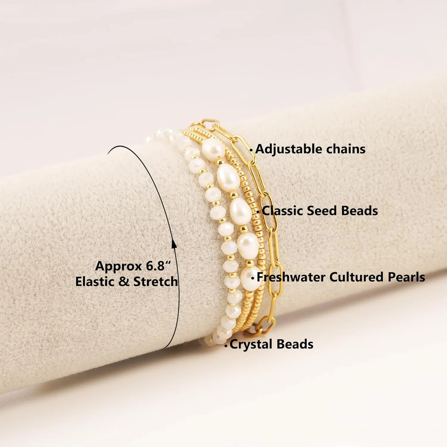 Dainty Gold Pearl Crystal Beaded Bracelets Set for Women 14K Real Gold Plated Bead Pearl Crystal Beads Bracelet Stackable Paperclip Link Chain Bracelets Gold Bracelets for Women Trendy Jewelry