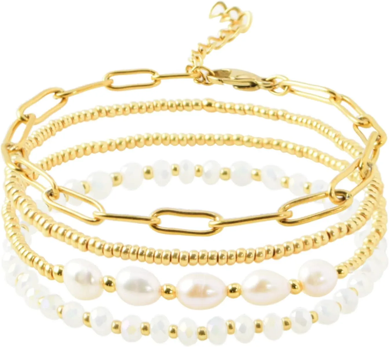 Dainty Gold Pearl Crystal Beaded Bracelets Set for Women 14K Real Gold Plated Bead Pearl Crystal Beads Bracelet Stackable Paperclip Link Chain Bracelets Gold Bracelets for Women Trendy Jewelry