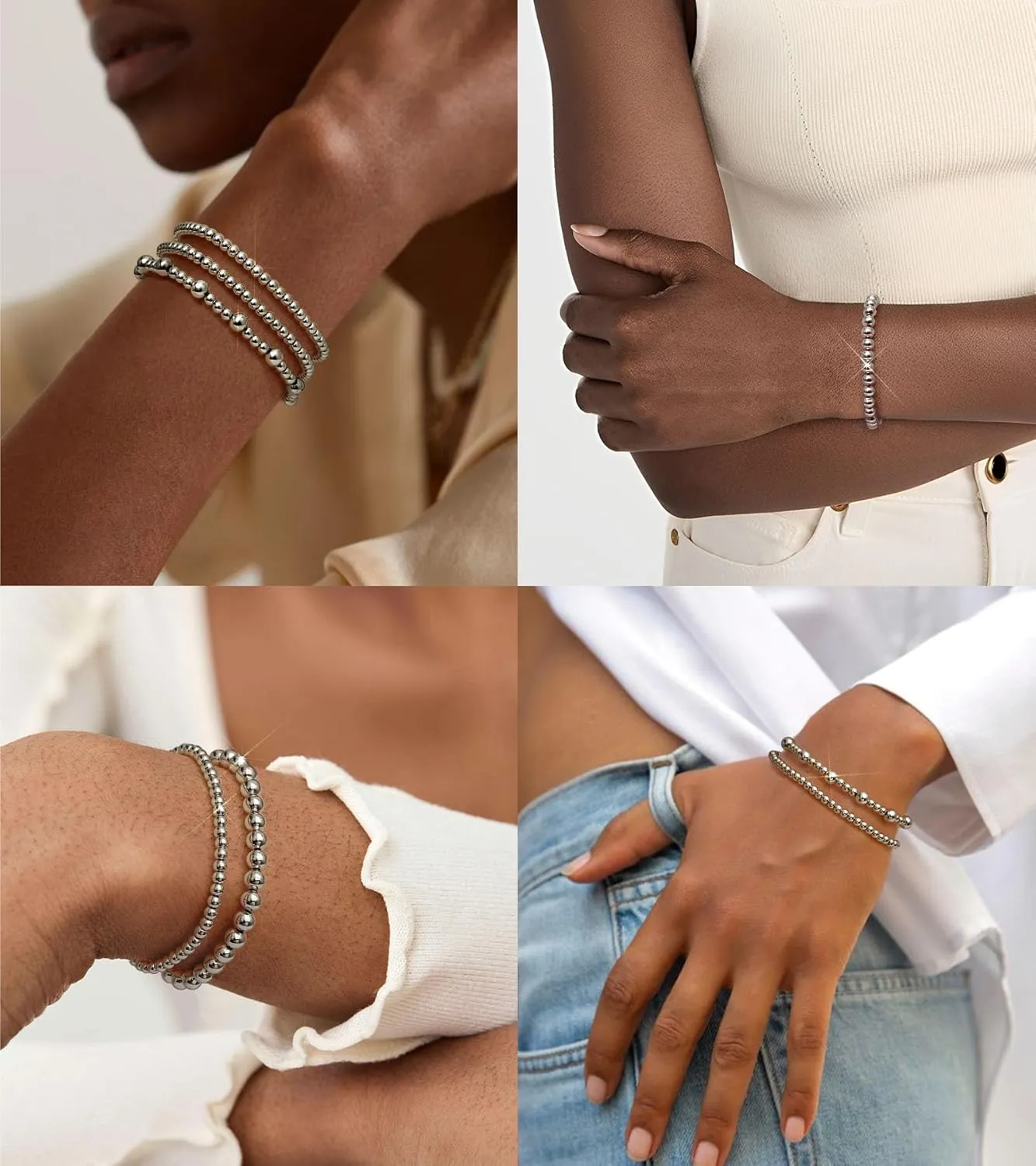 doubgood Gold Bracelets for Women, Stackable Jewelry Sets, 5 Piece Beaded Ball Bracelet Gifts for Valentines Mother's Day Christmas Birthday