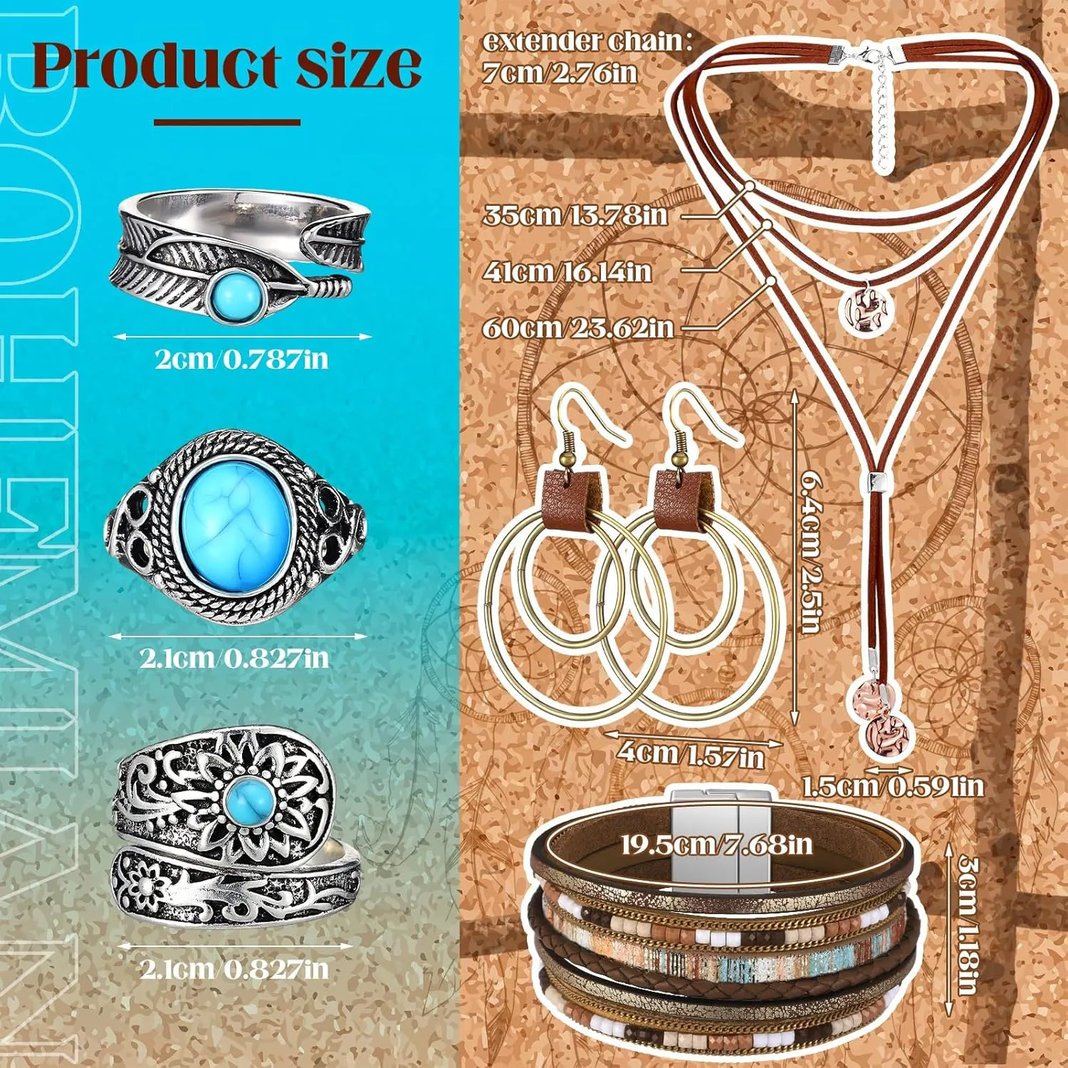 Ecally Bohemian Western Jewelry Turquoise Set Women Bohemian Pendant Long Choker Layered Bracelets Earrings Ring for Women