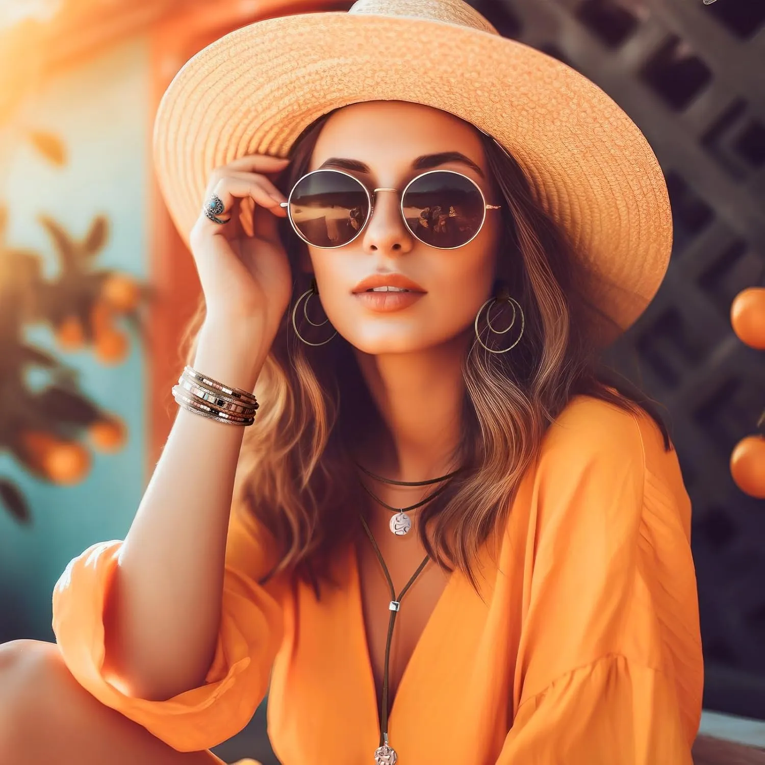 Ecally Bohemian Western Jewelry Turquoise Set Women Bohemian Pendant Long Choker Layered Bracelets Earrings Ring for Women