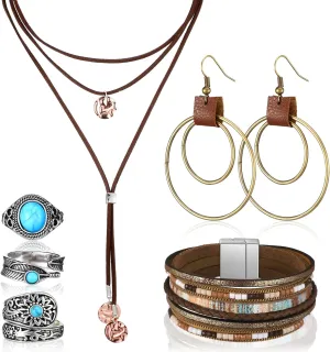 Ecally Bohemian Western Jewelry Turquoise Set Women Bohemian Pendant Long Choker Layered Bracelets Earrings Ring for Women