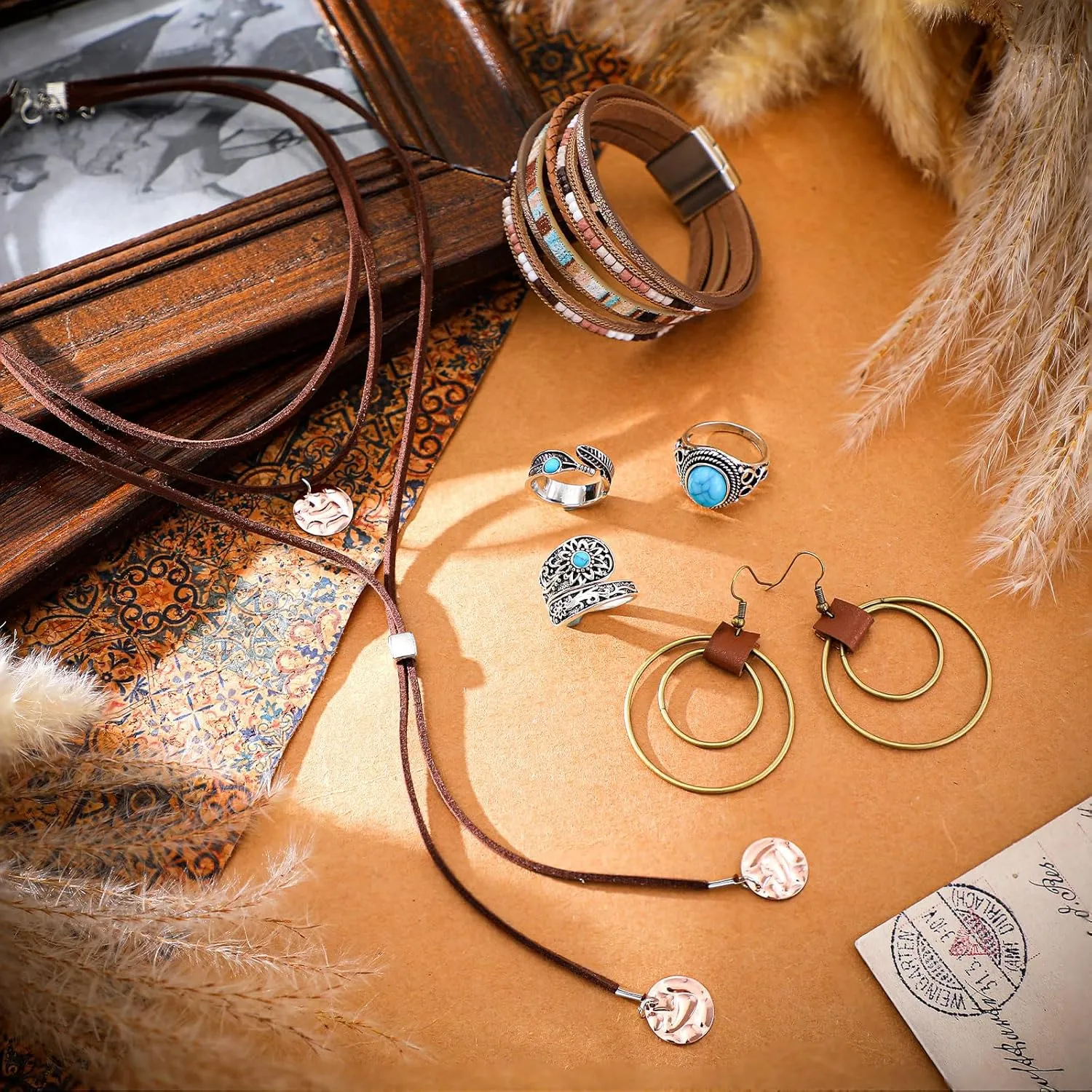 Ecally Bohemian Western Jewelry Turquoise Set Women Bohemian Pendant Long Choker Layered Bracelets Earrings Ring for Women
