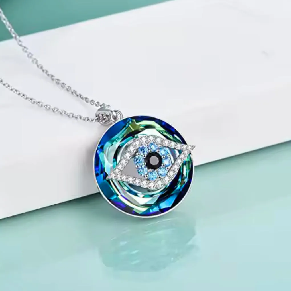 Evil Eye Crystal Circle Pendant Adjustable Silver Necklace New