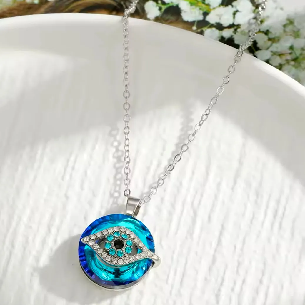 Evil Eye Crystal Circle Pendant Adjustable Silver Necklace New