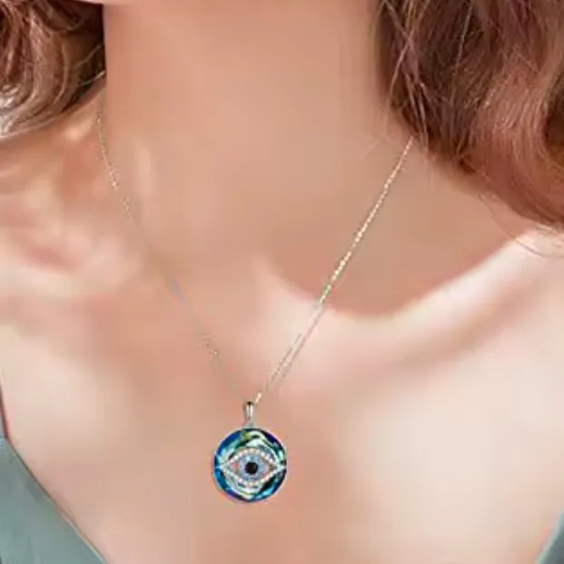 Evil Eye Crystal Circle Pendant Adjustable Silver Necklace New