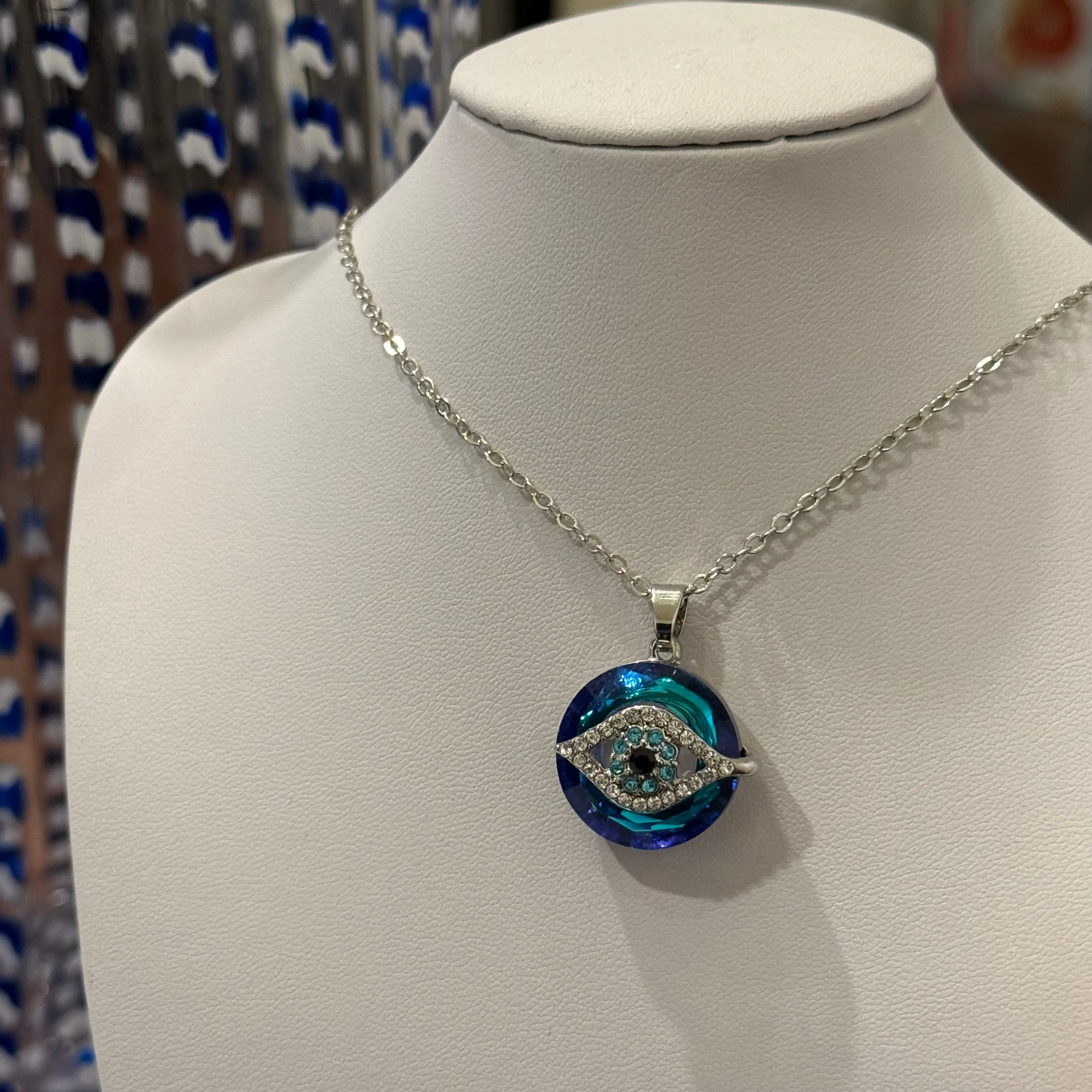 Evil Eye Crystal Circle Pendant Adjustable Silver Necklace New