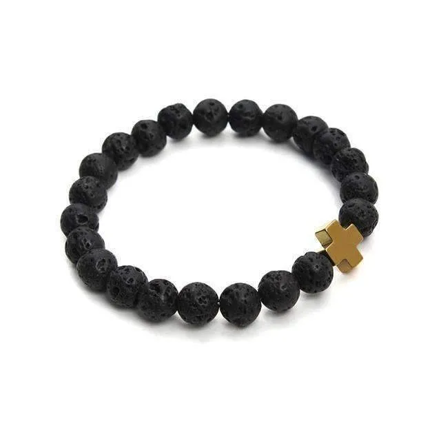 Hematite Gallstone Cross Charm Lavastone Beaded Bracelet