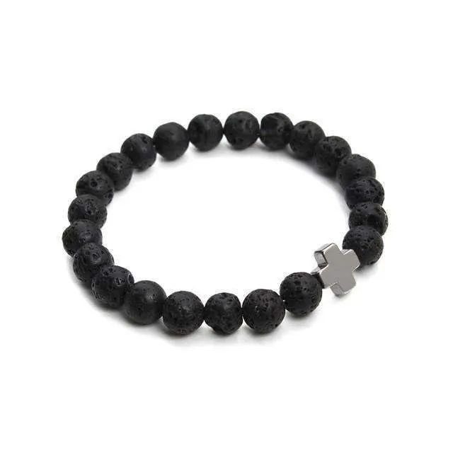 Hematite Gallstone Cross Charm Lavastone Beaded Bracelet