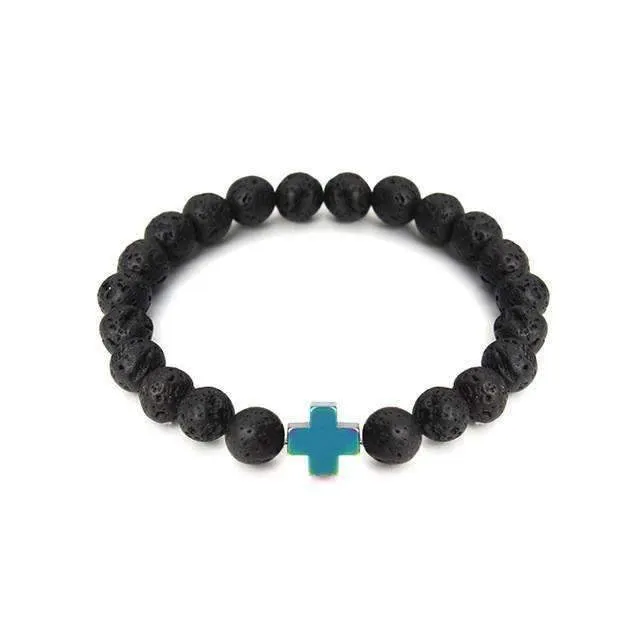 Hematite Gallstone Cross Charm Lavastone Beaded Bracelet