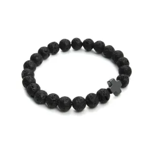 Hematite Gallstone Cross Charm Lavastone Beaded Bracelet