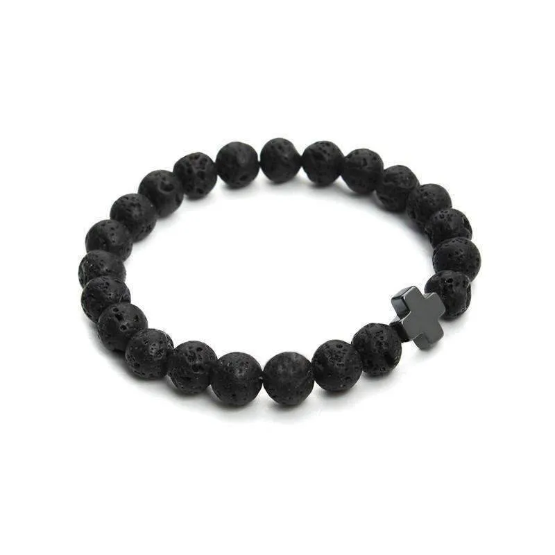 Hematite Gallstone Cross Charm Lavastone Beaded Bracelet