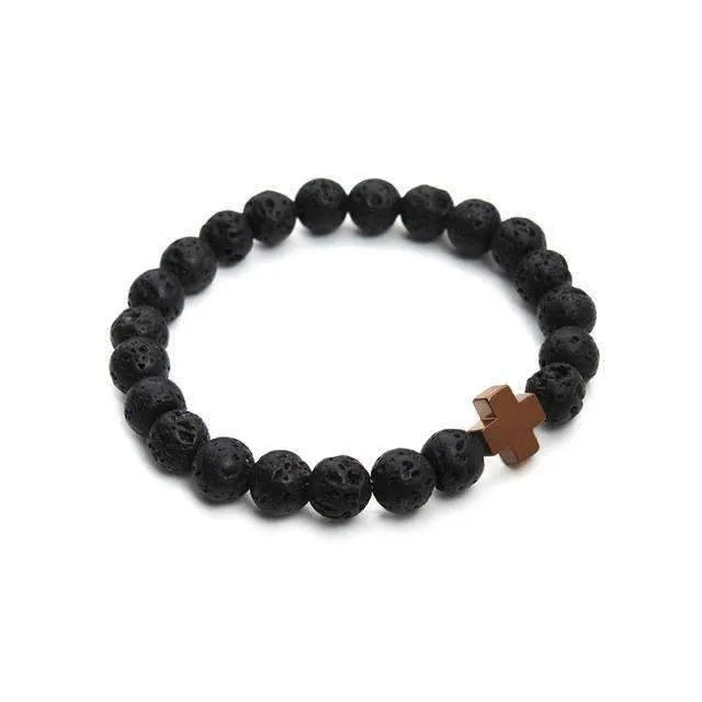 Hematite Gallstone Cross Charm Lavastone Beaded Bracelet