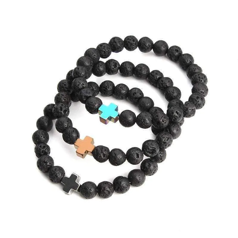 Hematite Gallstone Cross Charm Lavastone Beaded Bracelet