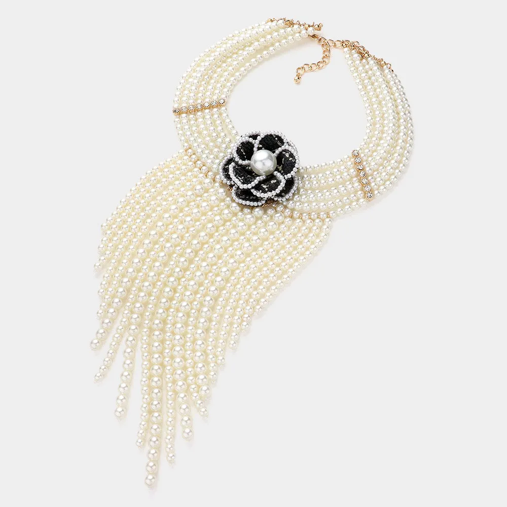 iLLASPARKZ Flower Pointed Pearl Fringe Statement Necklace