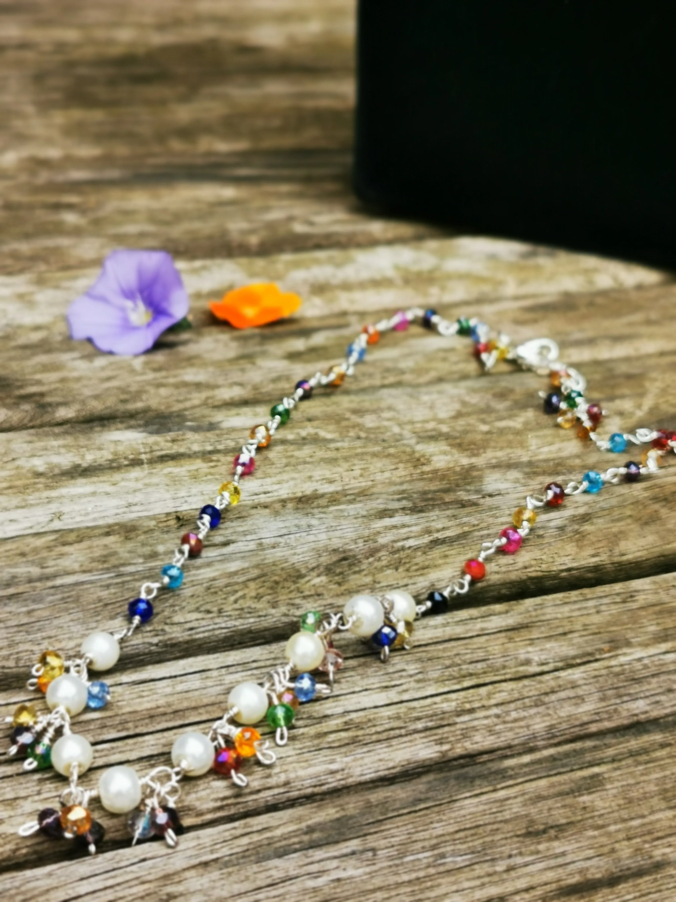 Kaleidoscope hand wired crystal and Pearl necklace in choice of 4 metals