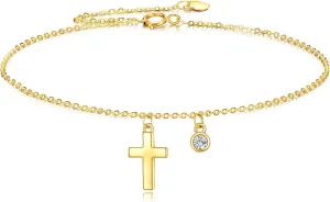 KECHO 14k Gold Cross Ankle Bracelets Yellow Gold Religious Cross Anklets Fine Gold Adjustable Link Chain Anklet Jewellery Christmas Gifts for Women