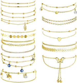NEWITIN 13 Pieces Woven Silver Ankle Bracelets for Women Adjustable Anklet Boho Beach Anklets Handmade Anklets Set Summer Beach Foot Chain Jewelry for Women