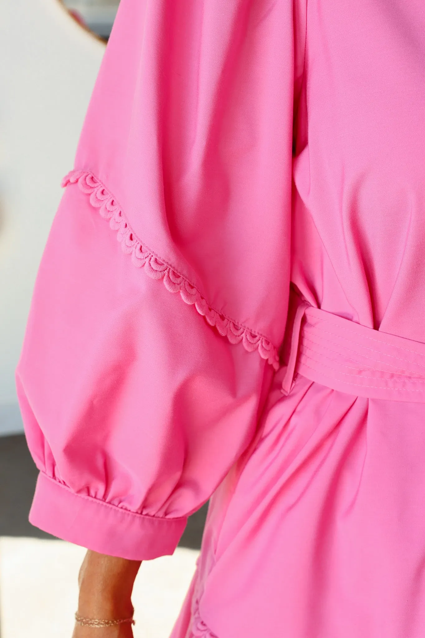 Scalloped Detail Tie Waist Dress - Pink