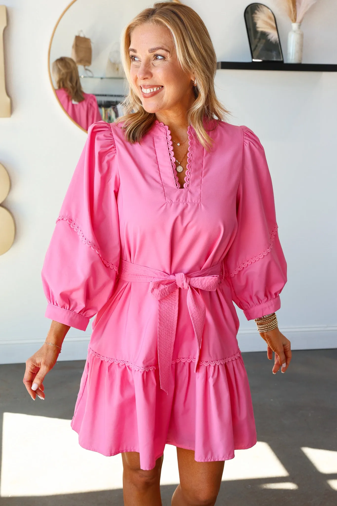Scalloped Detail Tie Waist Dress - Pink
