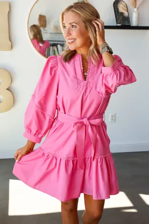Scalloped Detail Tie Waist Dress - Pink