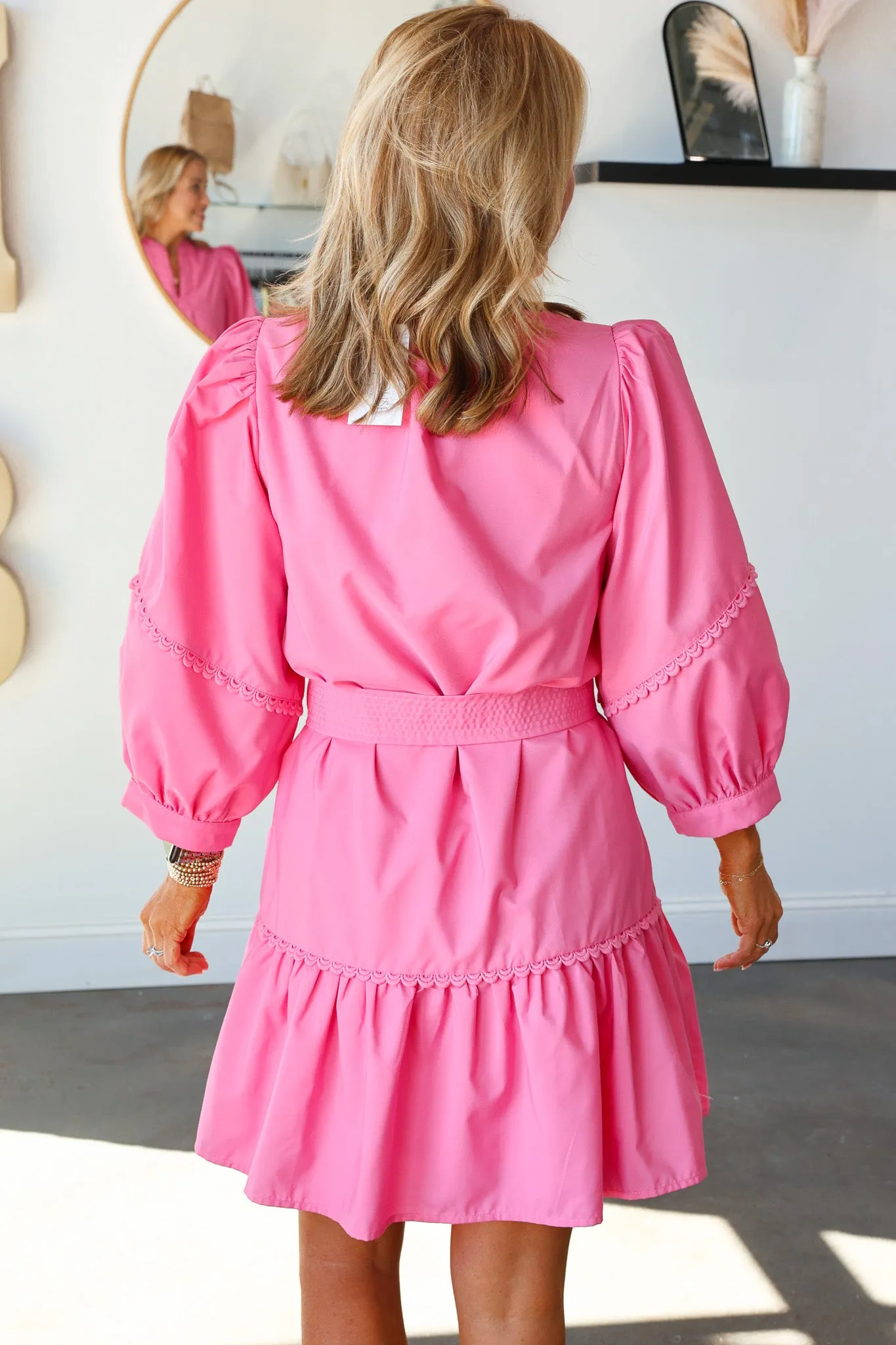Scalloped Detail Tie Waist Dress - Pink