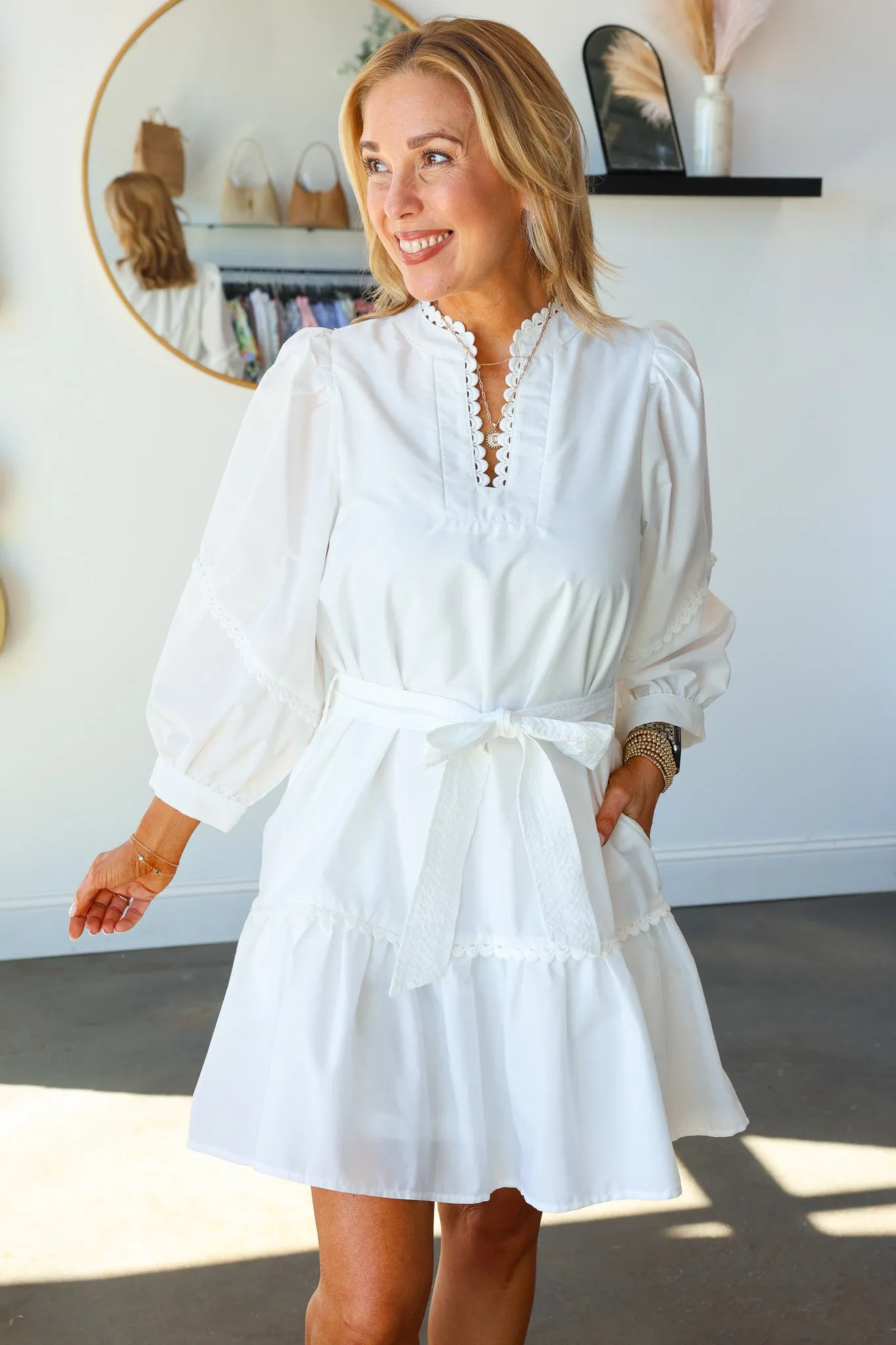 Scalloped Detail Tie Waist Dress - White