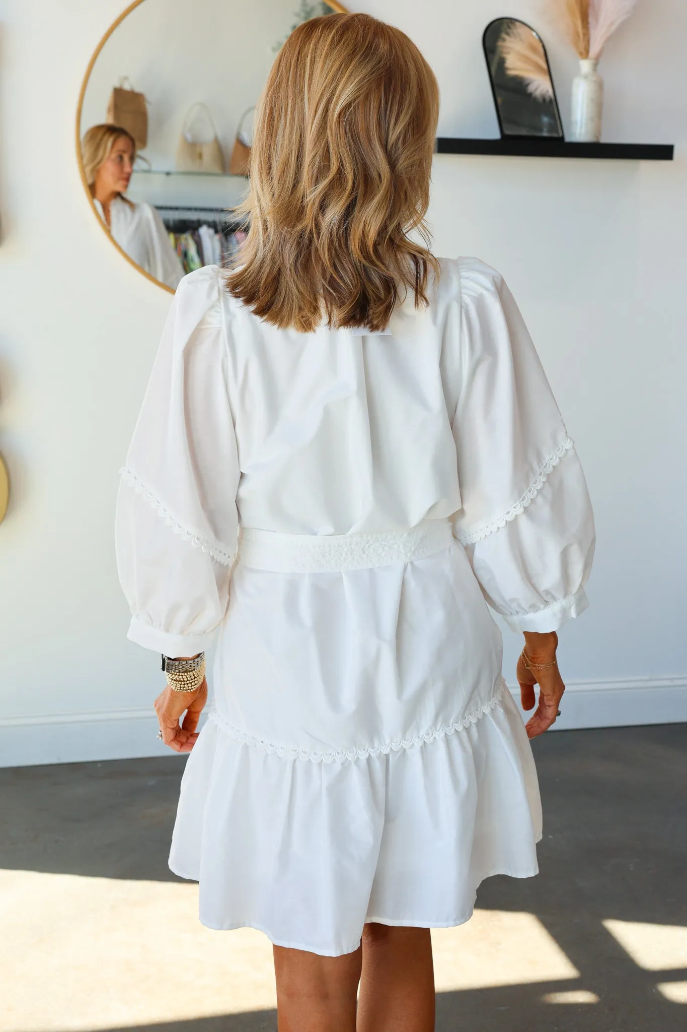 Scalloped Detail Tie Waist Dress - White
