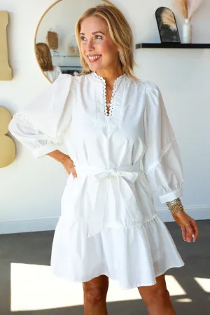 Scalloped Detail Tie Waist Dress - White