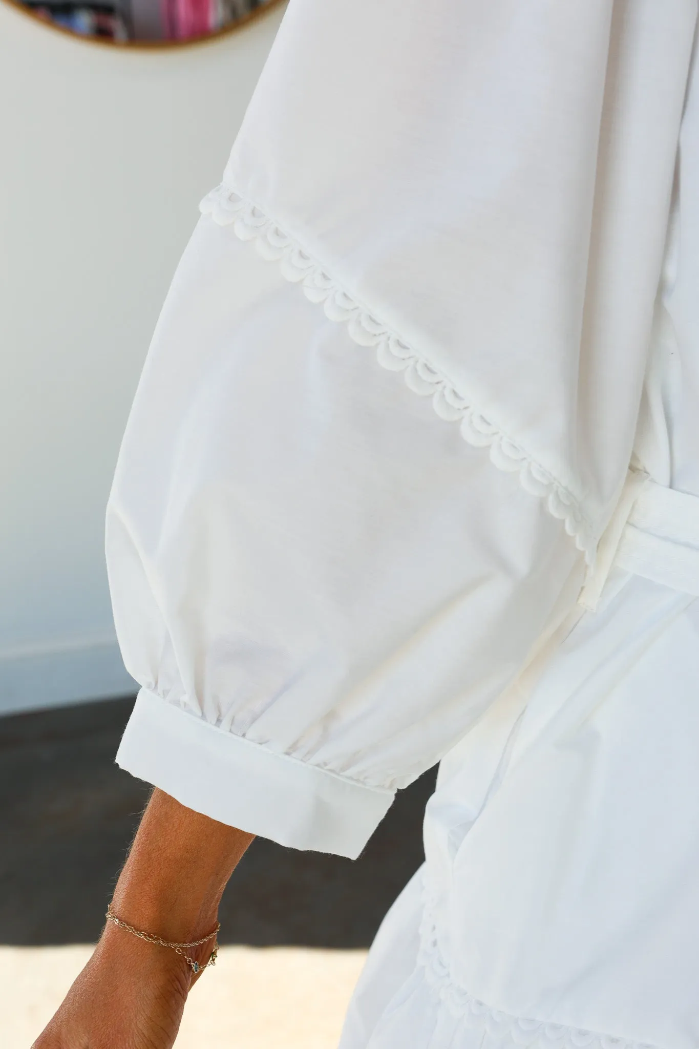 Scalloped Detail Tie Waist Dress - White