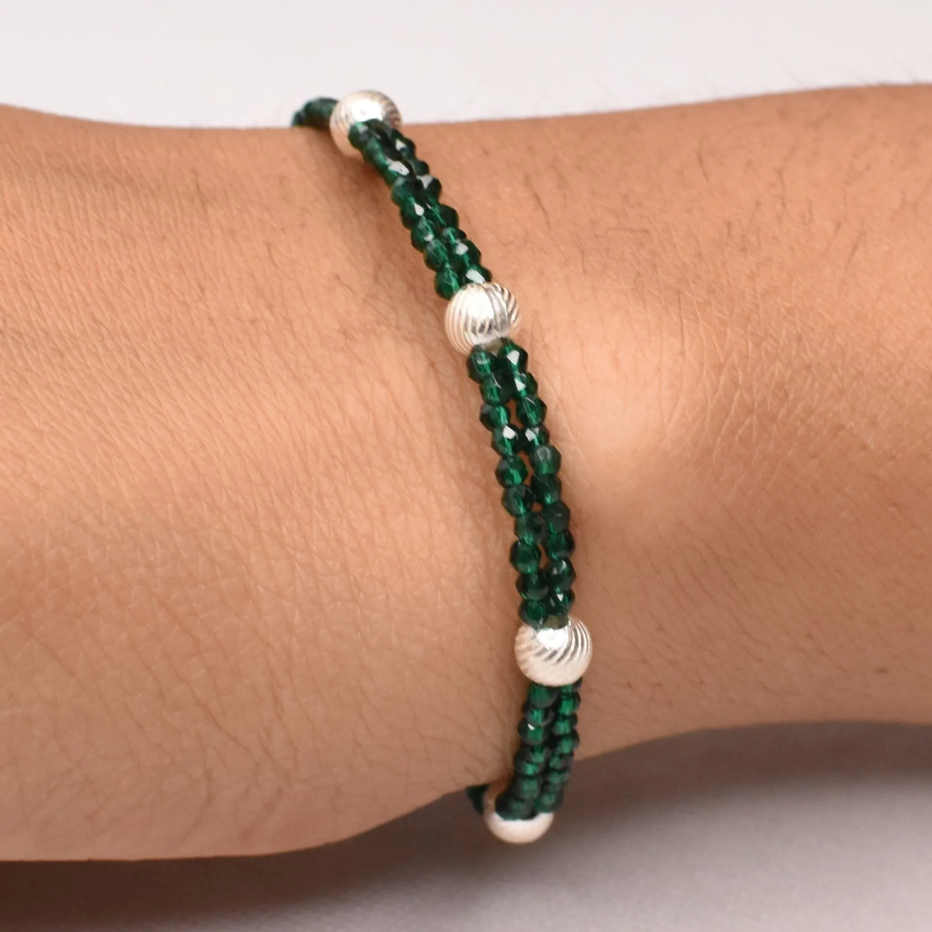 Silver Green and Silver Beads Bracelet for Boys