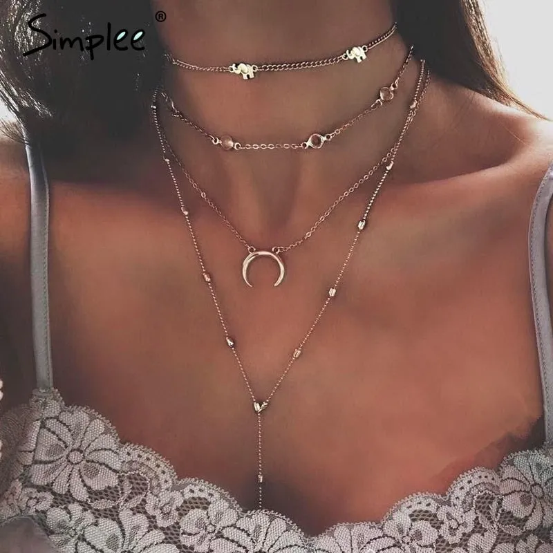 Simplee Chic moon multilayer statement necklace Trendy styles silvery necklace long fine jewelry Women