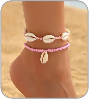Starfish Shell Anklets Bracelet for Women Waterproof Stretchy Rice Beads Stacked Starfish Anklet Adjustable Bohemian Surf Anklet Bracelet Hawaiian Summer Beach Jewelry