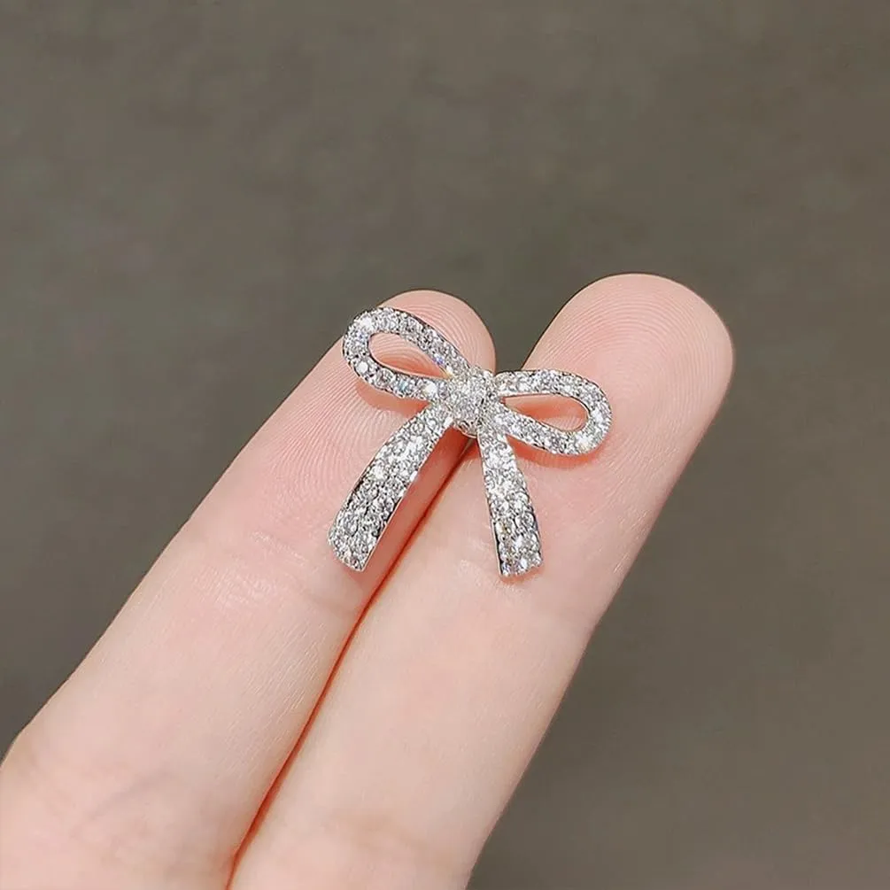 Statement Silver Cubic Zirconia Bow Brooches Pins for Women, Stylish Bling Crystal Bow Knot Brooch Pin Retro Charm Dress Suit Costume Accessory Jewelry