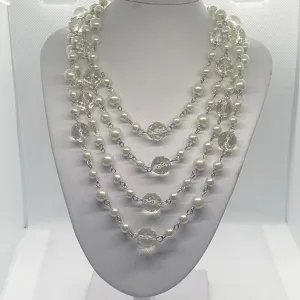 Vintage Crystal & Faux Pearl Long Single Strand Necklace Signed By Jewel Kade